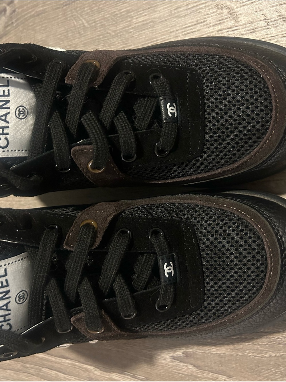 CHANEL Black, White & Brown Logo Sneakers - Picture 2 of 12